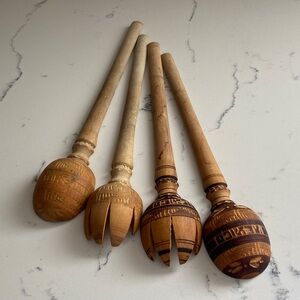 Vintage Mexican Hand Carved Wooden Serving Spoon Set Folk Art